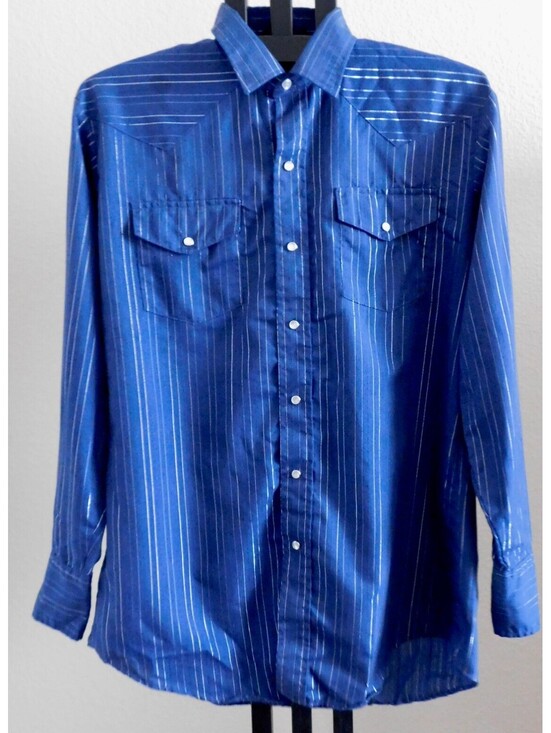 Karman Other - Karman Gold Collection Men's Western Snap Shirt Blue Metallic Stripe Vintage L